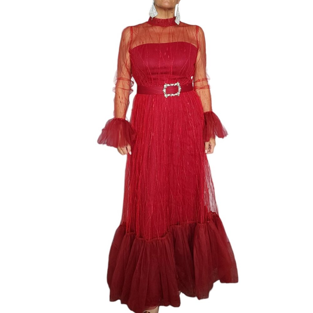 Women's Red Tulle Evening Gown with Sheer Sleeves, Rhinestone Belt Size L